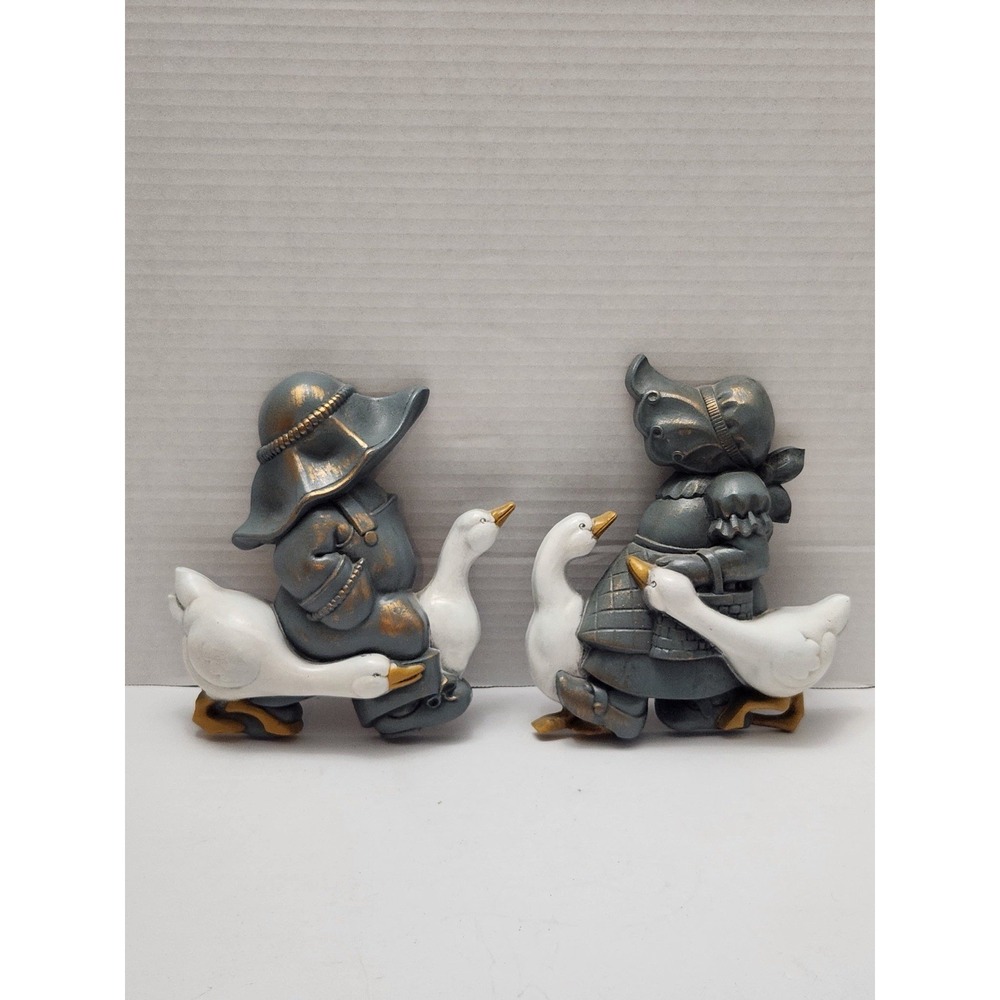 Vintage 1988 Homco Burwood Products Girl and Boy w/ Geese Wall Plaques 2 Pc Set